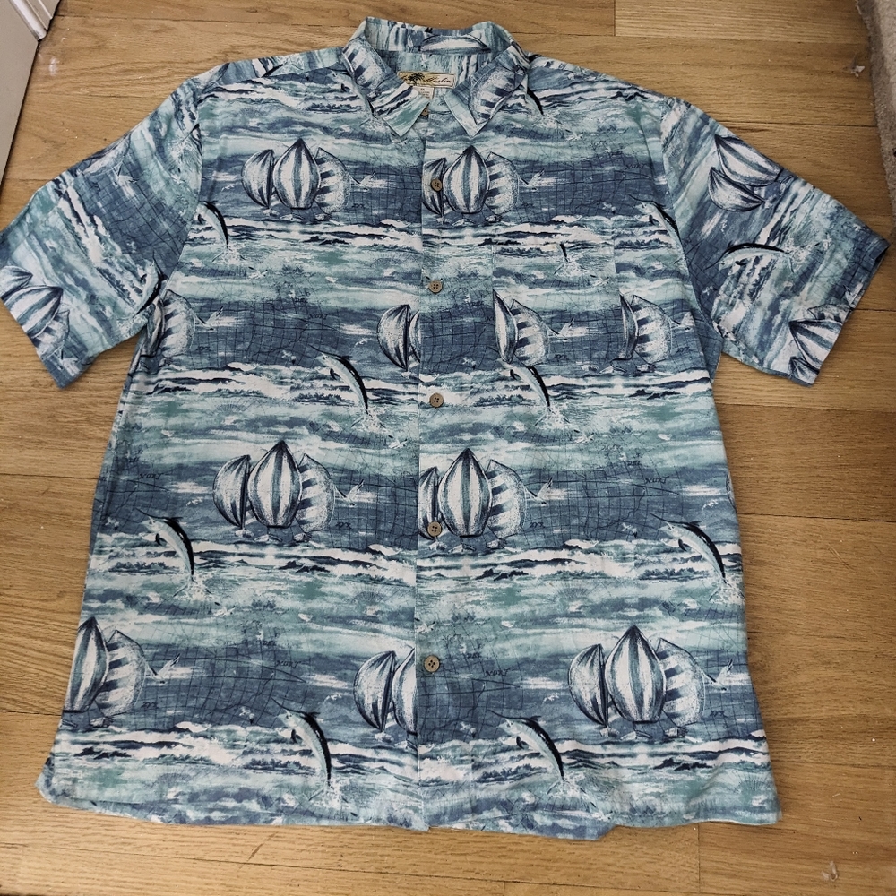 JOE MARLIN watercolor sail boat fish print Button Down Hawaiian shirt
